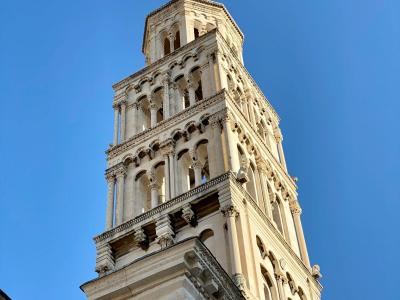 Stunning view of Saint Domnius Cathedral's bell tower in Split, Croatia showcasing romanesque architecture.