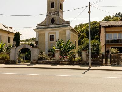 A charming historic church with unique architecture in Karlovac, Croatia, photographed on a sunny day.