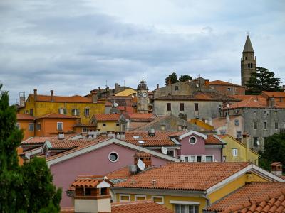Charming view of Labin's colorful historical buildings and iconic church tower.