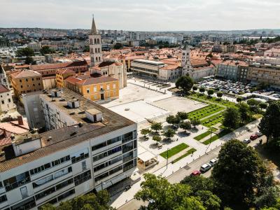 Aerial image of Zadar, Croatia showcasing historic architecture and urban landscape.