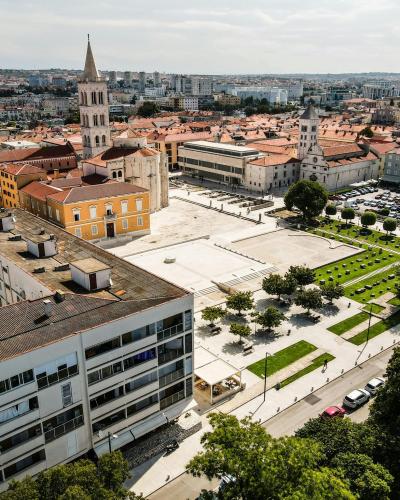 Aerial image of Zadar, Croatia showcasing historic architecture and urban landscape.