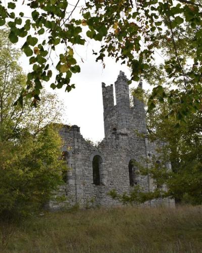 An old stone building sitting in the middle of a forest