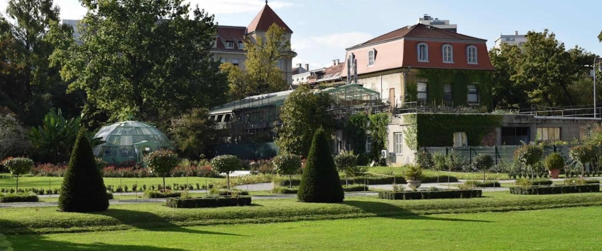 A lush green park with a building in the background